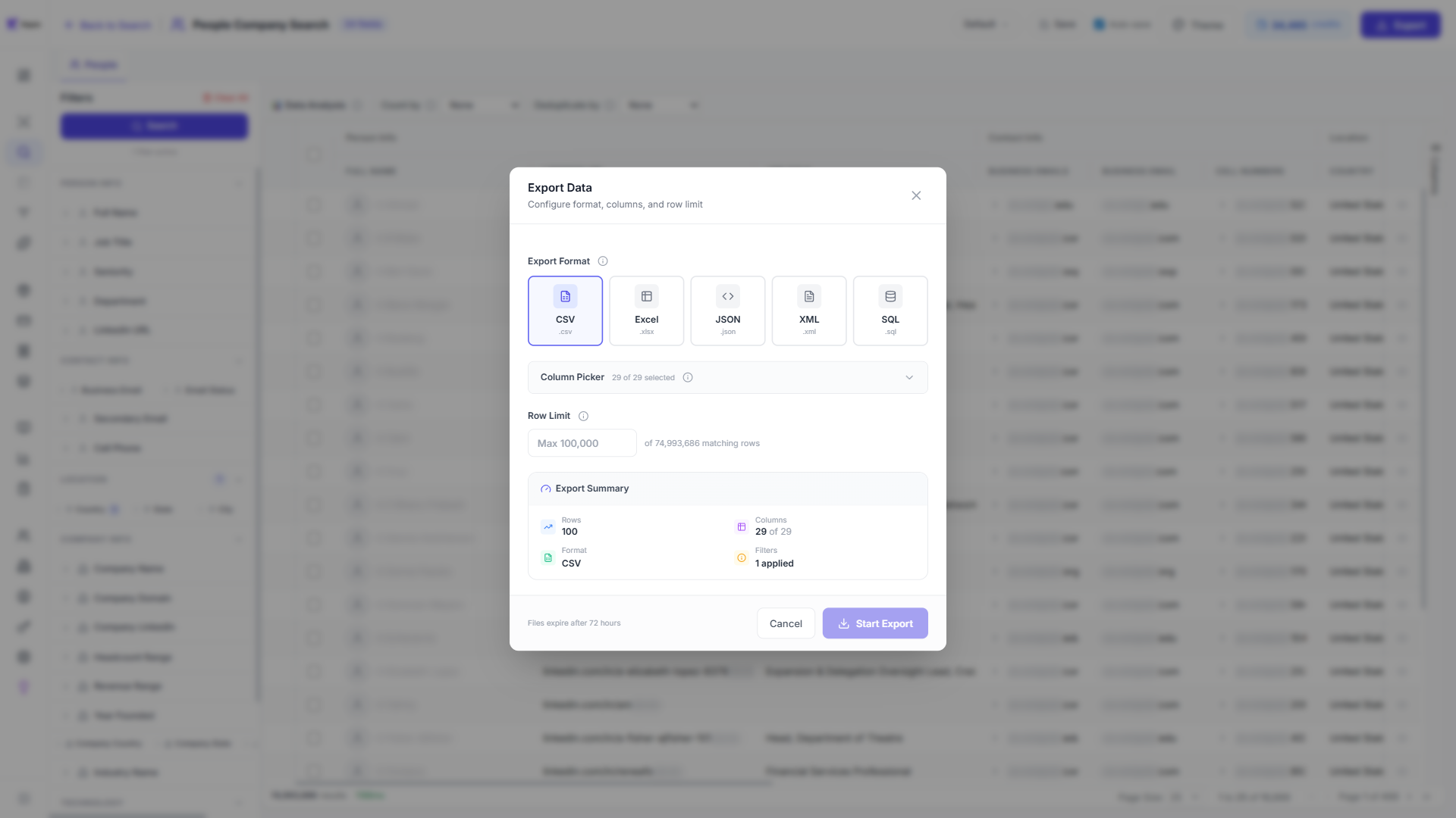 Data Explorer export modal