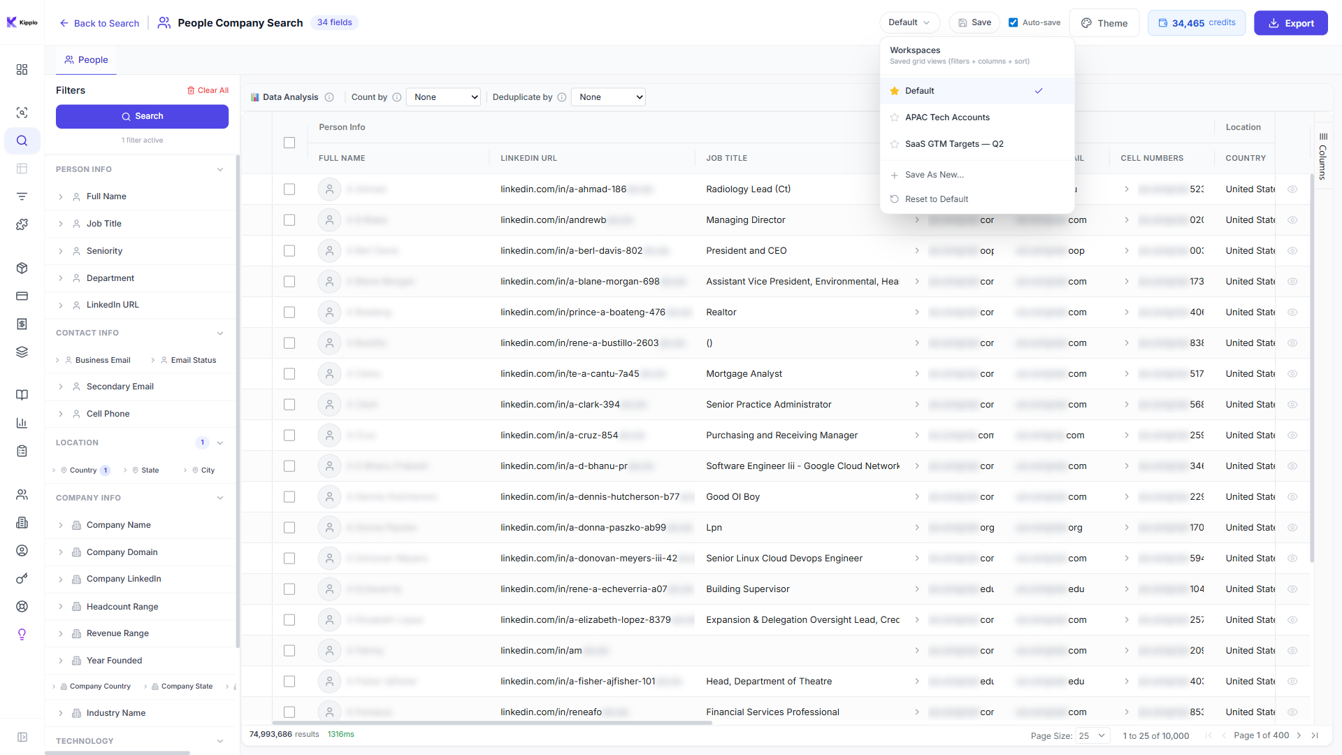 Data Explorer workspace dropdown with saved views